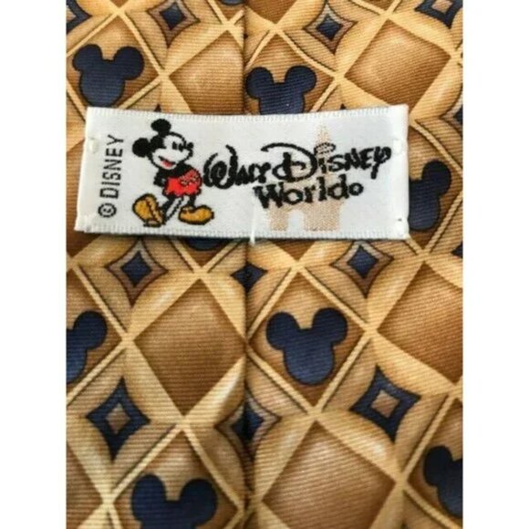 100% Silk Walt Disney World Mickey Mouse Logo Geometric Gold Blue Pointed Tie - Picture 1 of 4